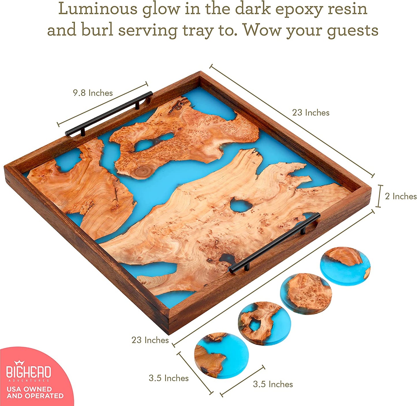 Bighead Epoxy Serving Tray Burl Tray with Glowing Epoxy Resin- Large Sized Epoxy Wooden Tray-Ocean Inspired Resin Serving Tray for Home Decor Coffee Tray-with 4 Coaster Set (Luminous Blue)