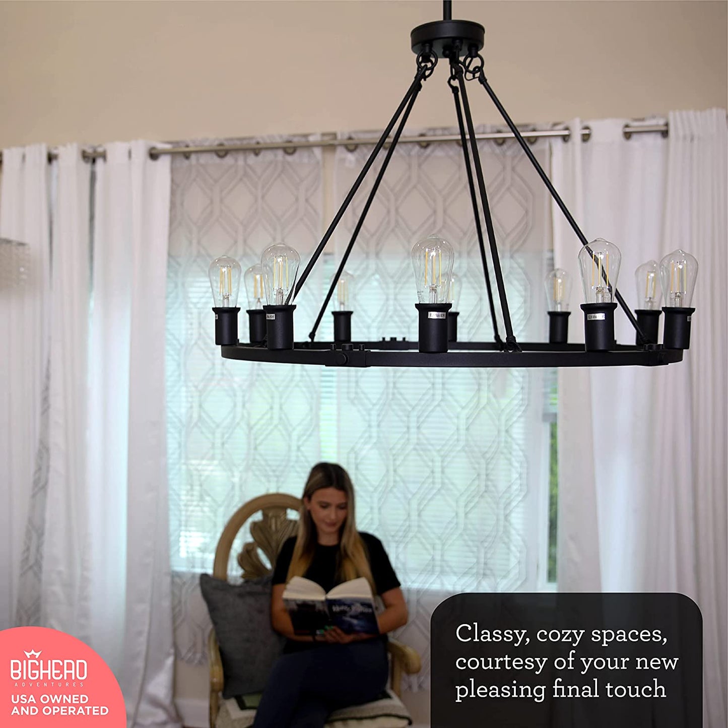 Wagon Wheel Chandelier with 10-Light Round Bulb Socket, Black Farmhouse Chandelier, Rustic Vintage Round Lighting Fixtures for Living Room, Dining Room, Kitchen Island, Foyer & Stairwell