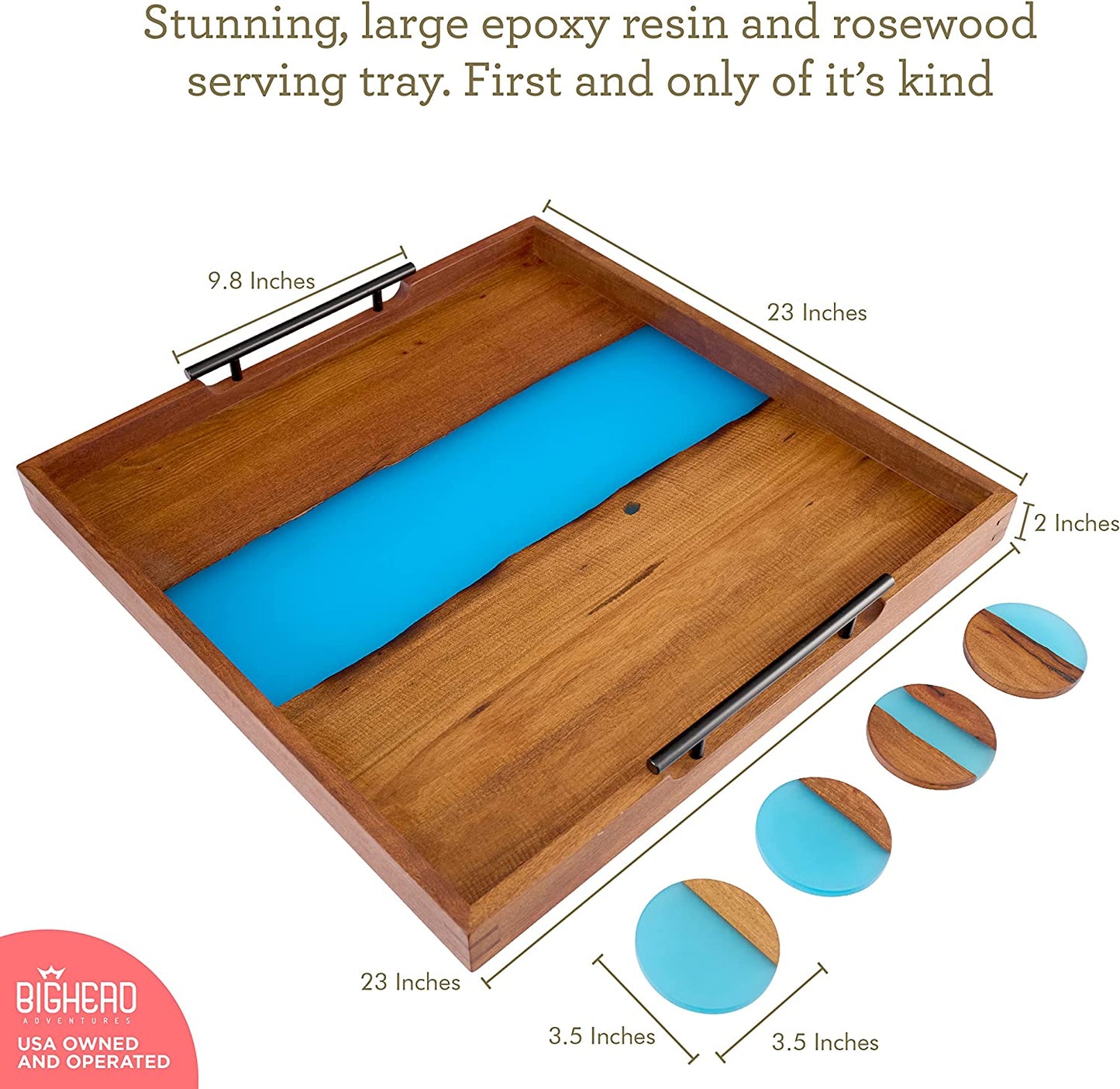 Bighead Epoxy Serving Tray Rosewood Tray with Glowing Epoxy Resin- Large Sized Epoxy Wooden Tray-Ocean Inspired Resin Serving Tray for Home Decor Coffee Tray-with 4 Coaster Set- (Luminous Blue Rosewood)