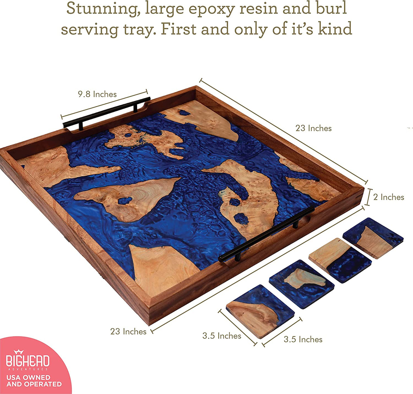 Bighead Epoxy Serving Tray Burl Tray with Epoxy Resin- Large Sized Blue Epoxy Wooden Tray-Ocean Inspired Resin Serving Tray for Home Decor Coffee Tray-with 4 Coaster Set (Blue)