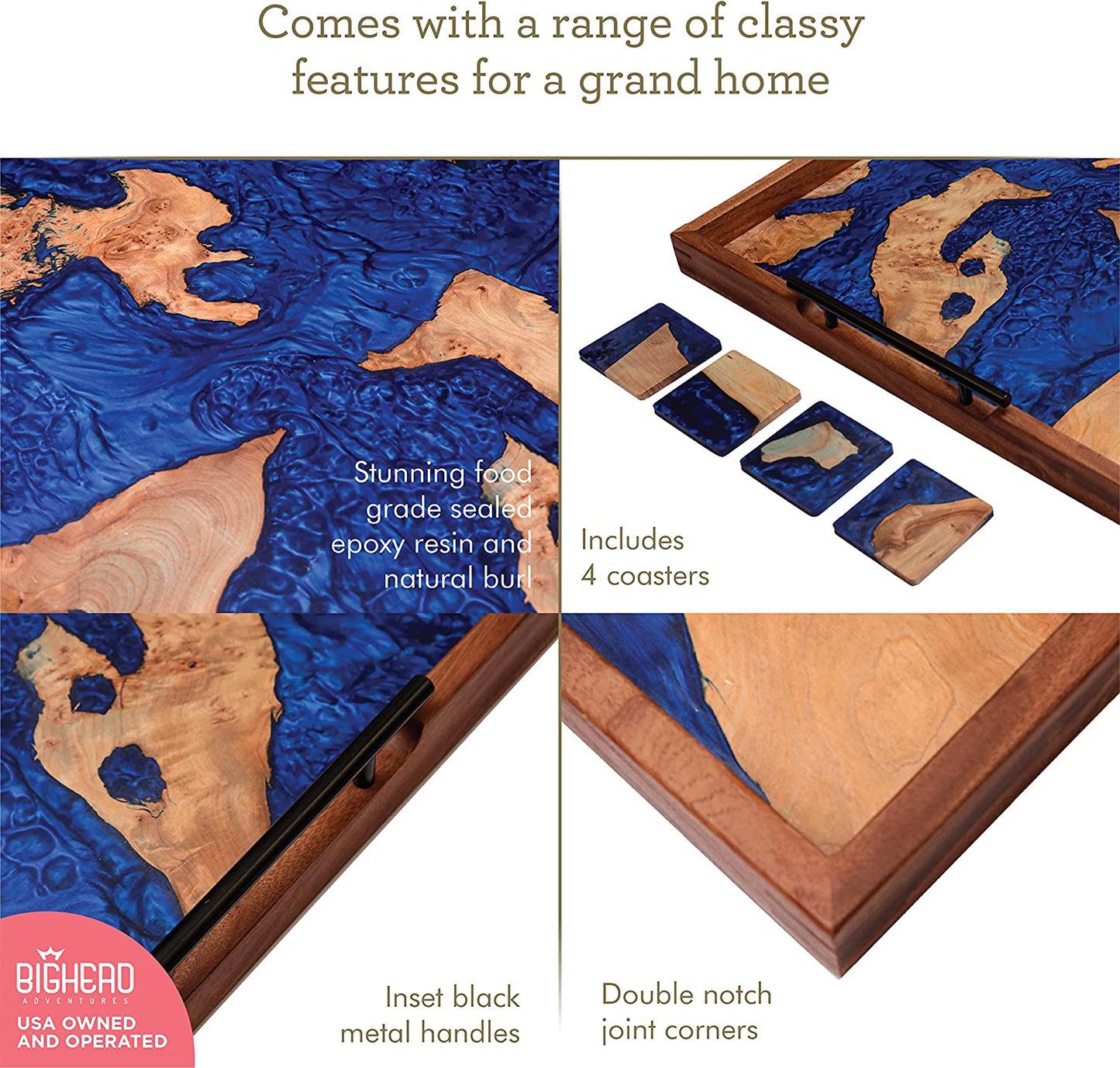 Bighead Epoxy Serving Tray Burl Tray with Epoxy Resin- Large Sized Blue Epoxy Wooden Tray-Ocean Inspired Resin Serving Tray for Home Decor Coffee Tray-with 4 Coaster Set (Blue)