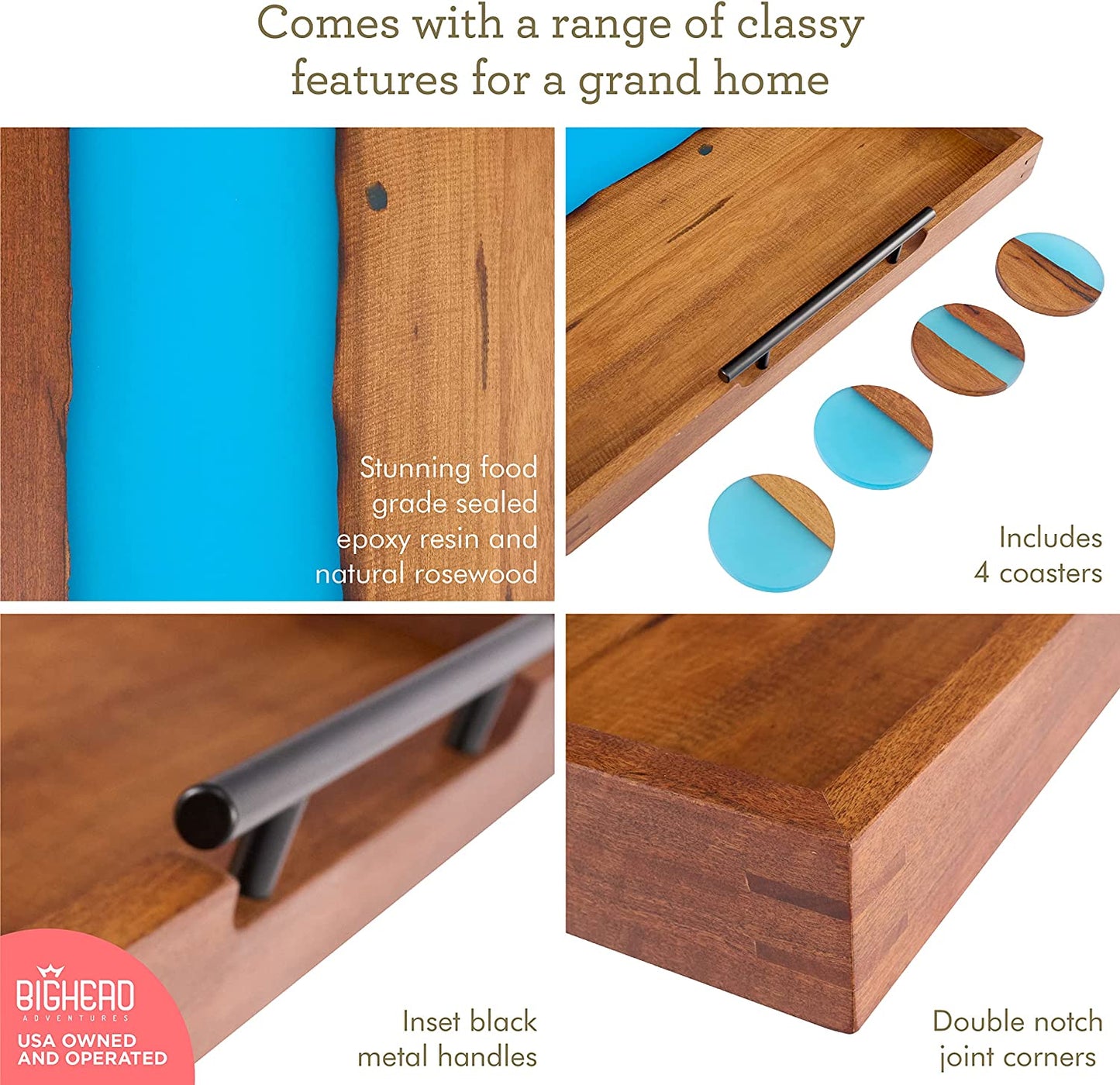 Bighead Epoxy Serving Tray Rosewood Tray with Glowing Epoxy Resin- Large Sized Epoxy Wooden Tray-Ocean Inspired Resin Serving Tray for Home Decor Coffee Tray-with 4 Coaster Set- (Luminous Blue Rosewood)