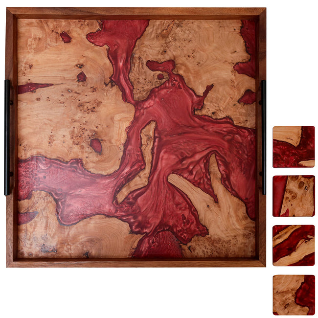 Bighead Epoxy Serving Tray Burl Tray with Epoxy Resin- Large Sized Blue Epoxy Wooden Tray-Ocean Inspired Resin Serving Tray for Home Decor Coffee Tray-with 4 Coaster Set (Red)