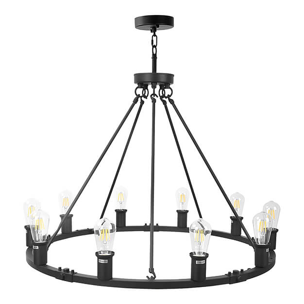Wagon Wheel Chandelier with 10-Light Round Bulb Socket, Black Farmhouse Chandelier, Rustic Vintage Round Lighting Fixtures for Living Room, Dining Room, Kitchen Island, Foyer & Stairwell